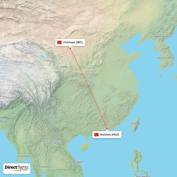 Huizhou - Yinchuan direct flight map
