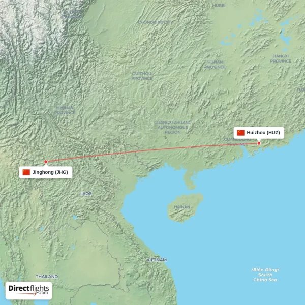 Huizhou - Jinghong direct flight map