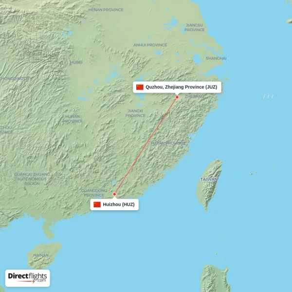 Huizhou - Quzhou, Zhejiang Province direct flight map