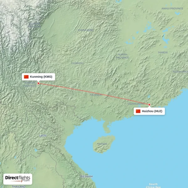 Huizhou - Kunming direct flight map