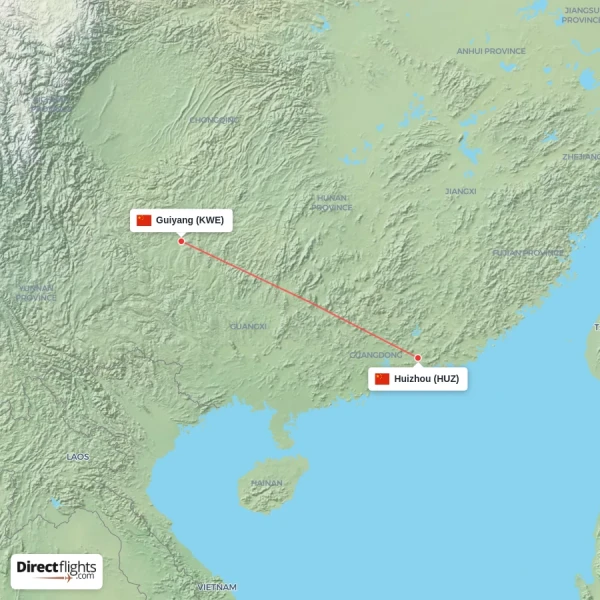 Huizhou - Guiyang direct flight map