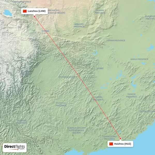 Huizhou - Lanzhou direct flight map
