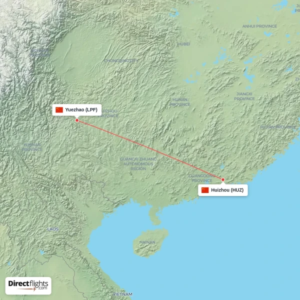 Huizhou - Yuezhao direct flight map