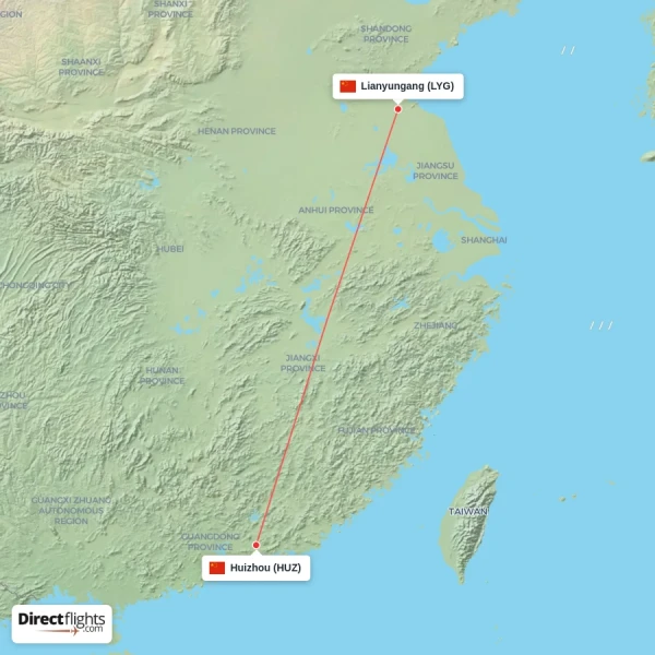 Huizhou - Lianyungang direct flight map