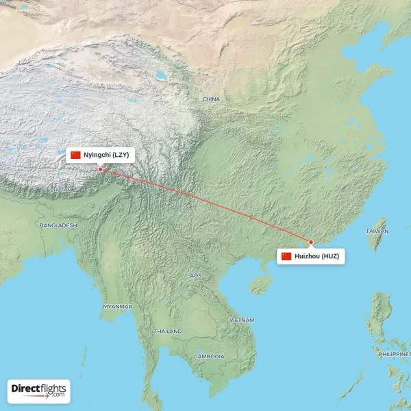 Huizhou - Nyingchi direct flight map