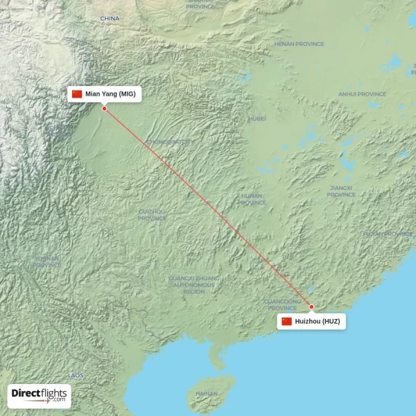 Huizhou - Mian Yang direct flight map