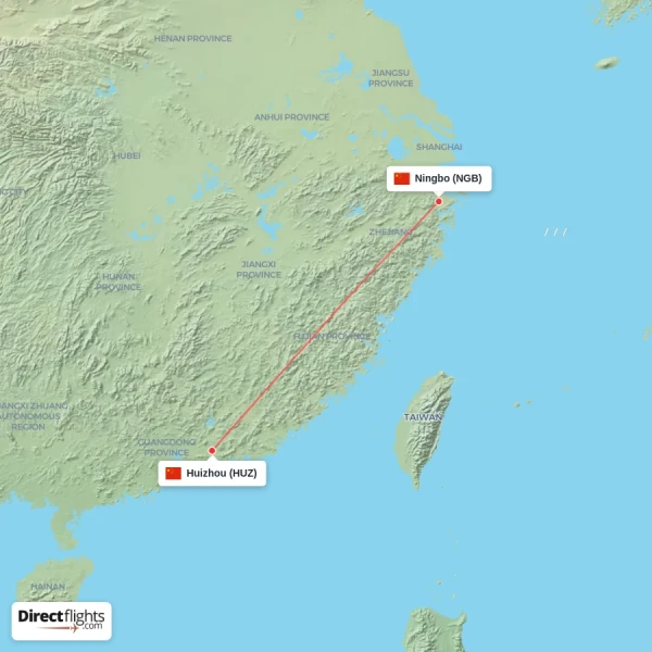 Huizhou - Ningbo direct flight map