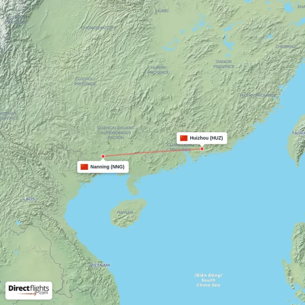 Huizhou - Nanning direct flight map