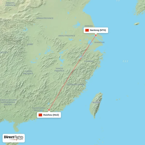 Huizhou - Nantong direct flight map