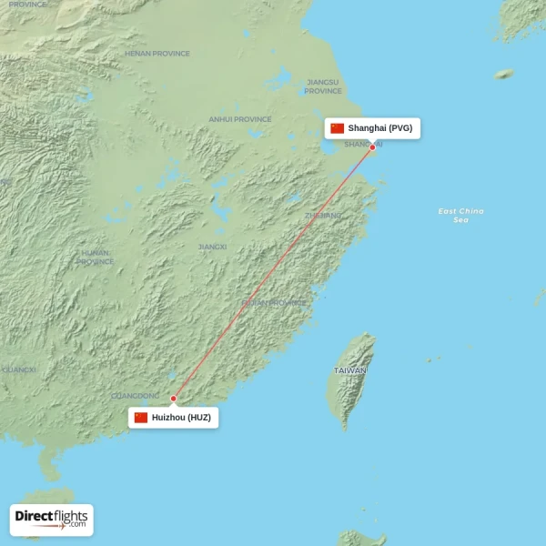 Huizhou - Shanghai direct flight map