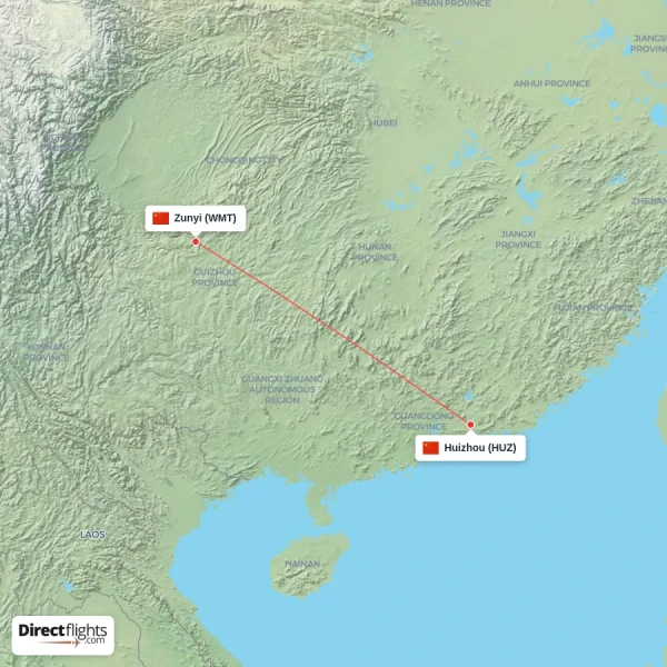 Huizhou - Zunyi direct flight map