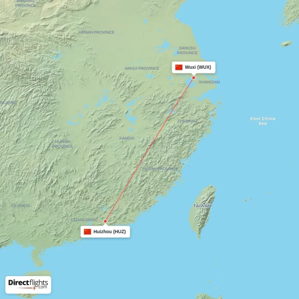 Huizhou - Wuxi direct flight map