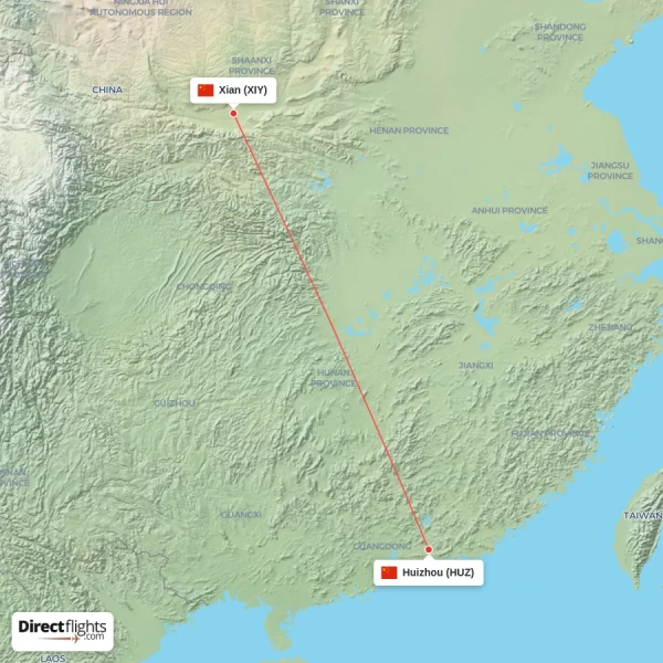 Huizhou - Xian direct flight map