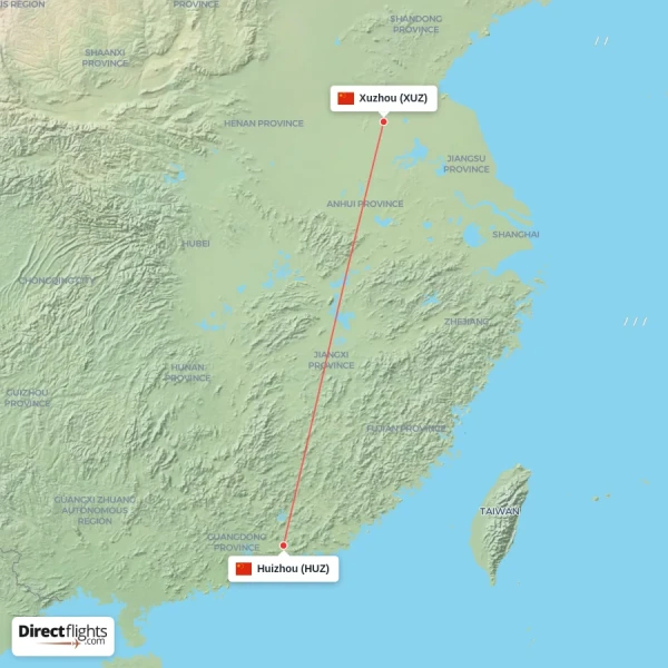 Huizhou - Xuzhou direct flight map