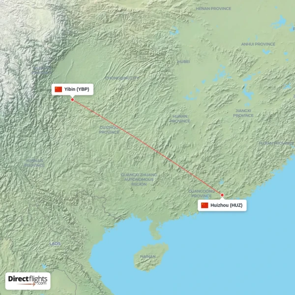 Huizhou - Yibin direct flight map