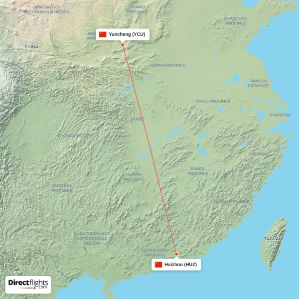 Huizhou - Yuncheng direct flight map