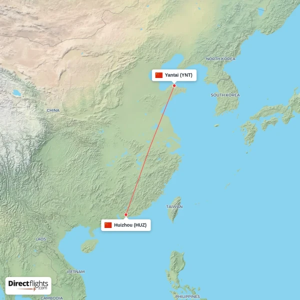 Huizhou - Yantai direct flight map