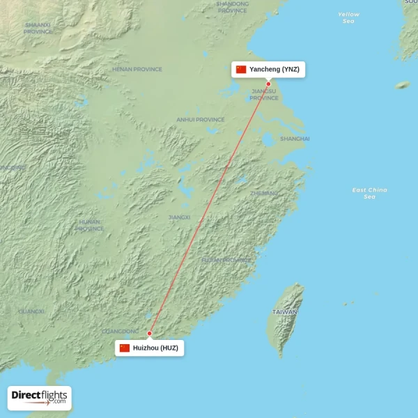 Huizhou - Yancheng direct flight map