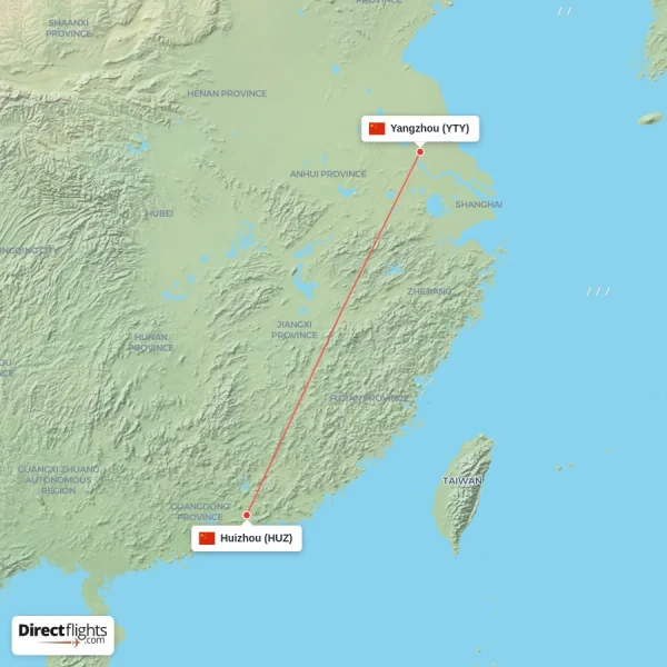 Huizhou - Yangzhou direct flight map