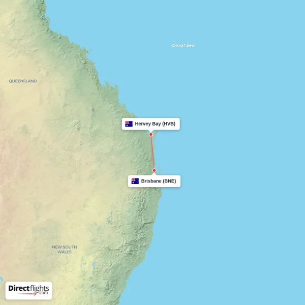 Hervey Bay - Brisbane direct flight map