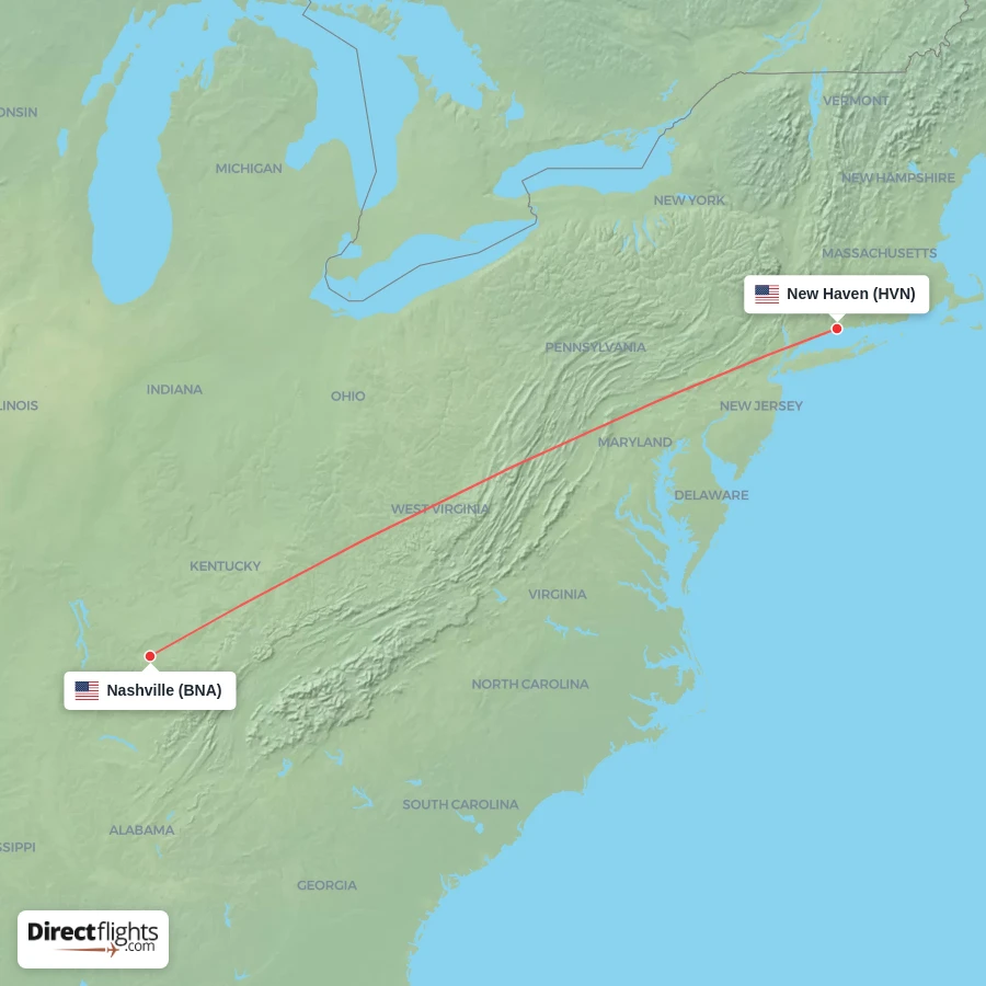 HVN - BNA route map