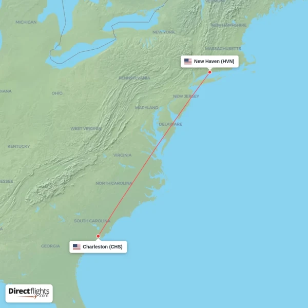 New Haven - Charleston direct flight map