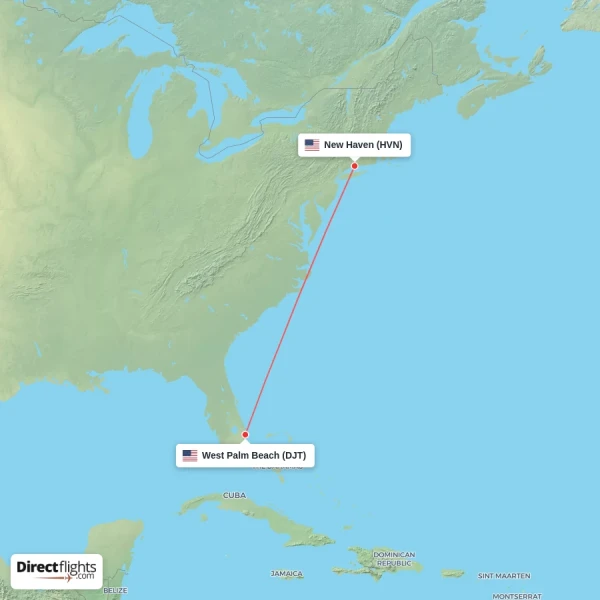 New Haven - West Palm Beach direct flight map