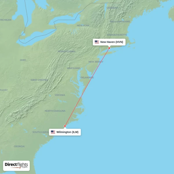 New Haven - Wilmington direct flight map