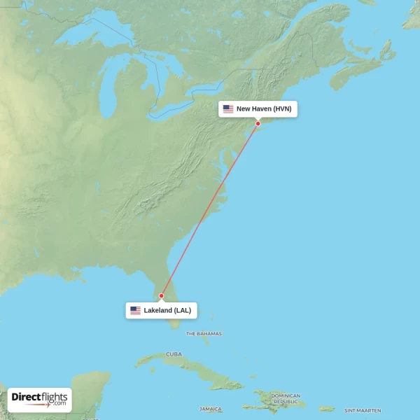 New Haven - Lakeland direct flight map