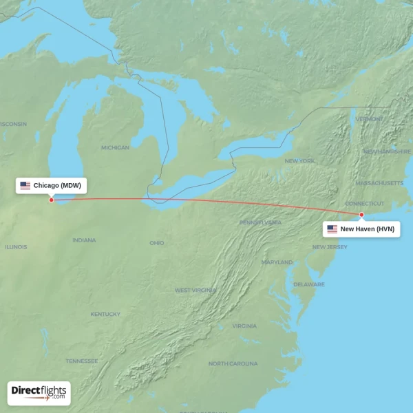 New Haven - Chicago direct flight map