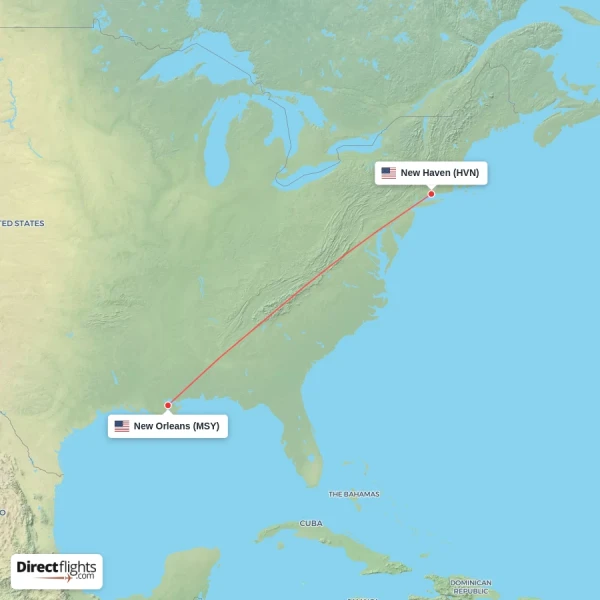 New Haven - New Orleans direct flight map
