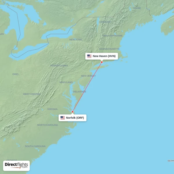 New Haven - Norfolk direct flight map