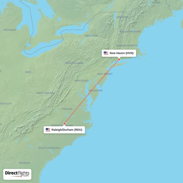 New Haven - Raleigh/Durham direct flight map