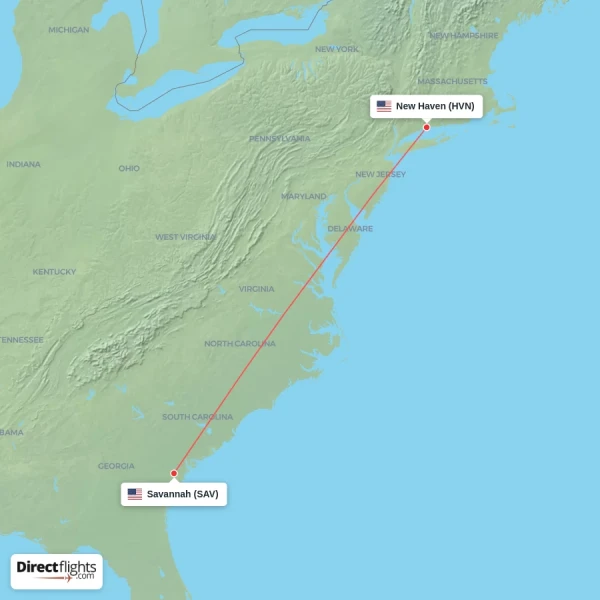 New Haven - Savannah direct flight map