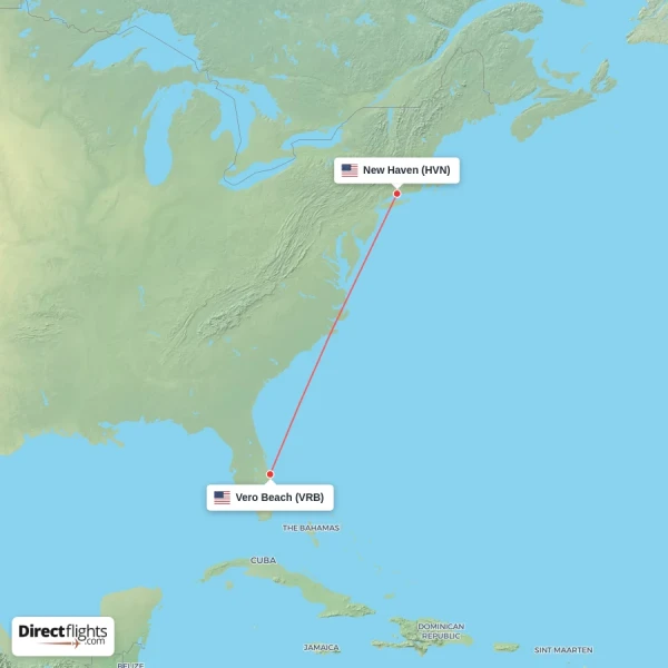 New Haven - Vero Beach direct flight map