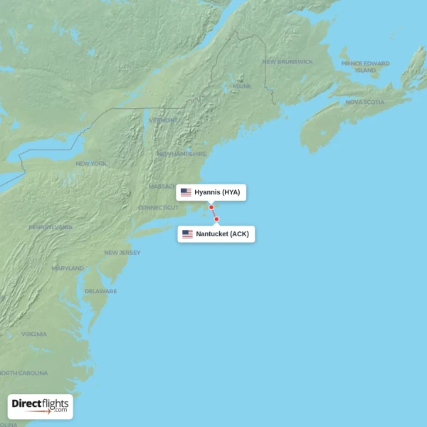 Hyannis - Nantucket direct flight map