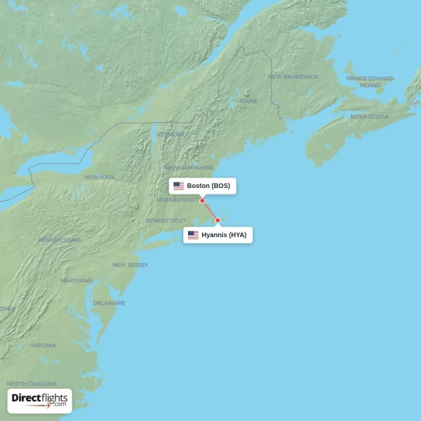 Hyannis - Boston direct flight map