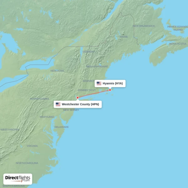 Hyannis - Westchester County direct flight map