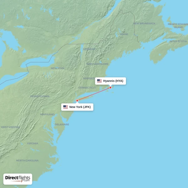 Hyannis - New York direct flight map