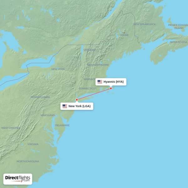 Hyannis - New York direct flight map