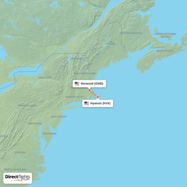 Hyannis - Norwood direct flight map