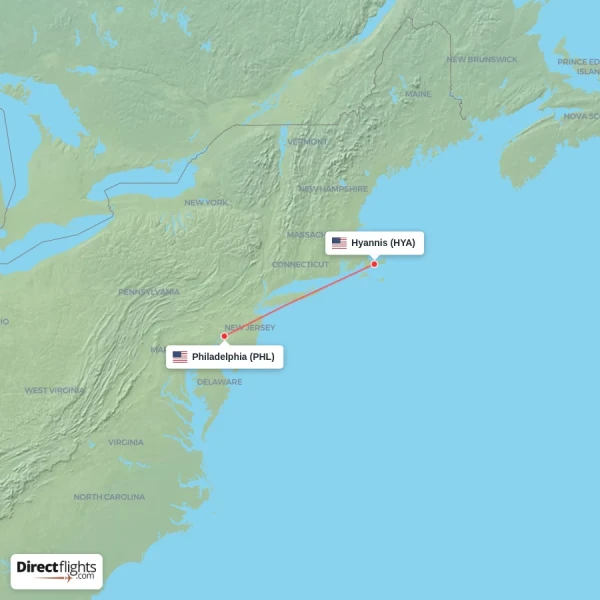 Hyannis - Philadelphia direct flight map