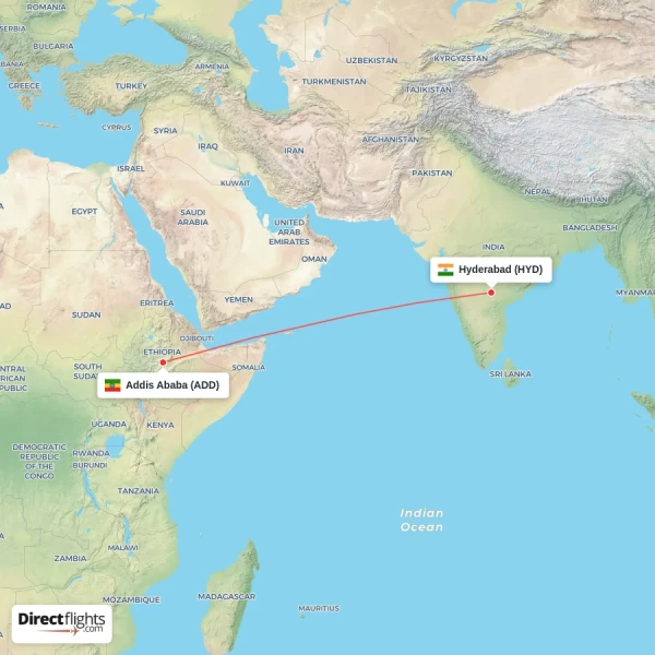 Hyderabad - Addis Ababa direct flight map