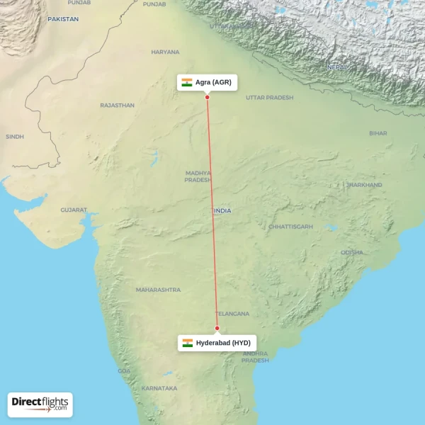 Hyderabad - Agra direct flight map