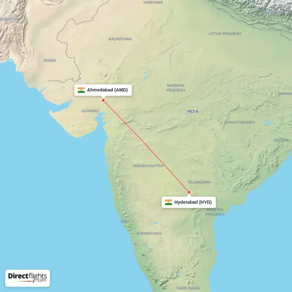 Hyderabad - Ahmedabad direct flight map