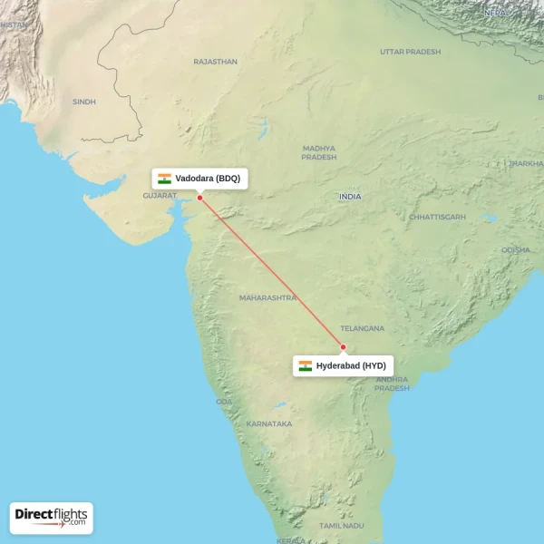 Hyderabad - Vadodara direct flight map