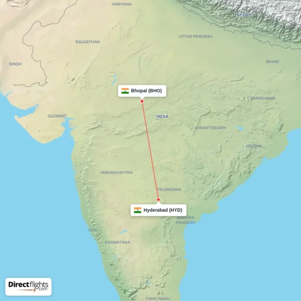 Hyderabad - Bhopal direct flight map