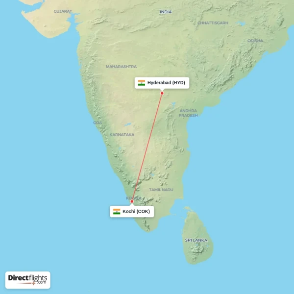 Hyderabad - Kochi direct flight map