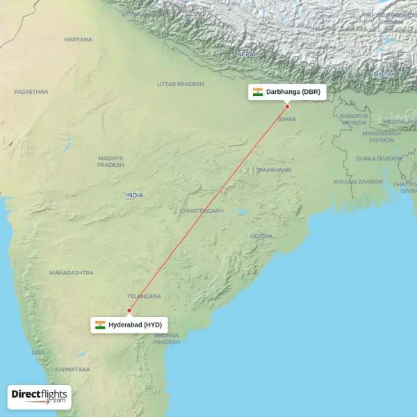 Hyderabad - Darbhanga direct flight map