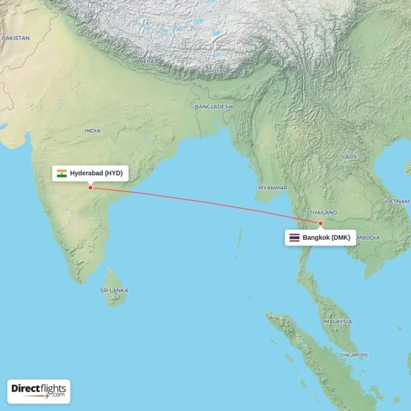 Hyderabad - Bangkok direct flight map